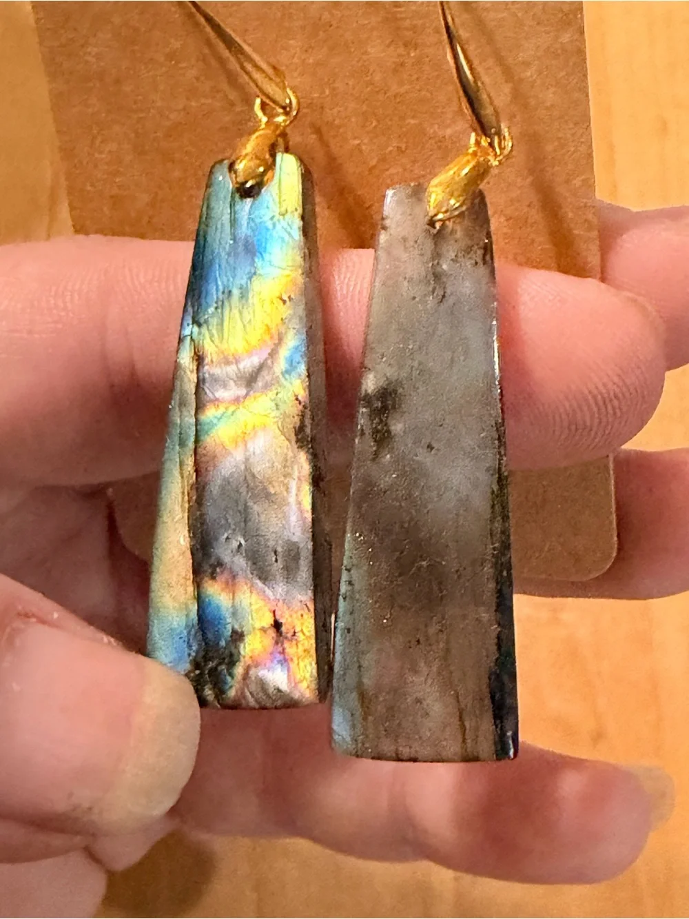 Beautiful Blue/Green/Yellow Labradorite Earrings w/14K Gold Plated Hooks